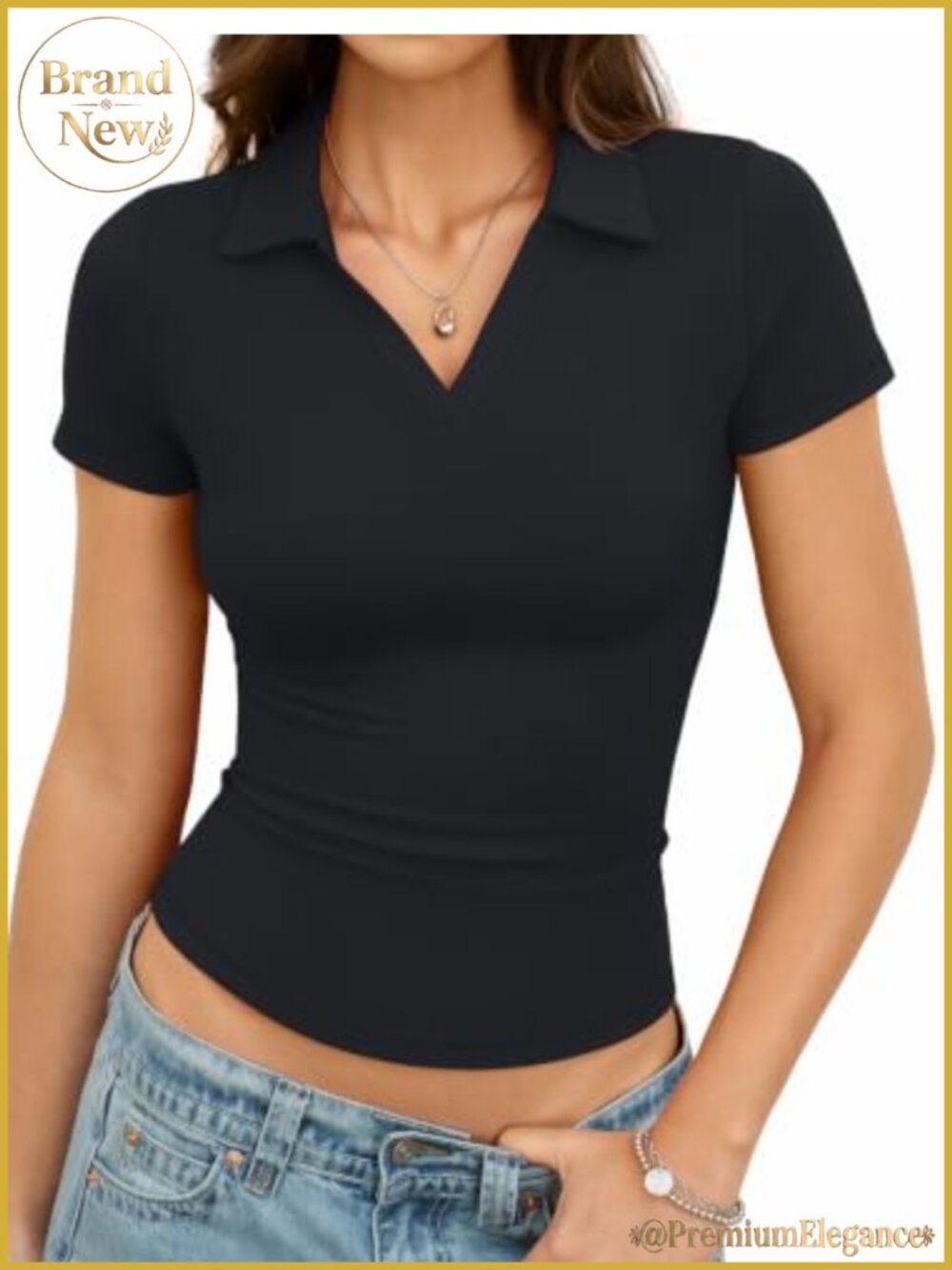 Cotton Stretch Polo Shirt Short Sleeve V-Neck Fitted Business Casual Top